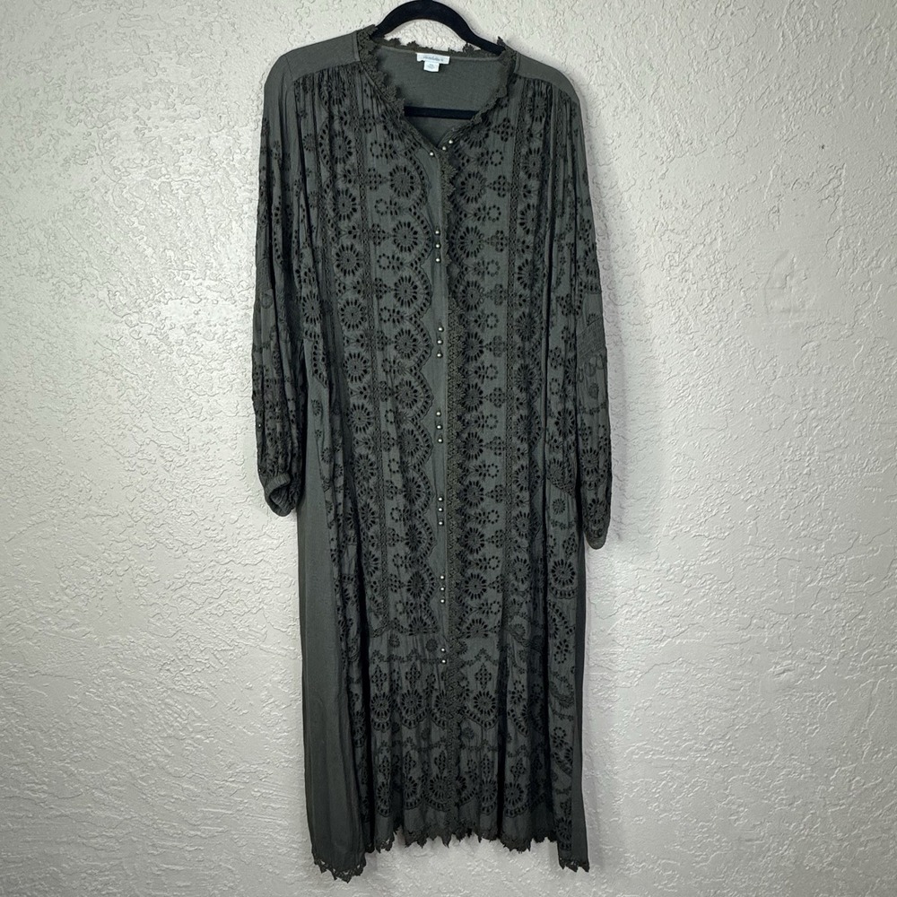 Sundance Womens Olive Green Embroidered Lace Maxi Shirt Dress Oversized PS Boho